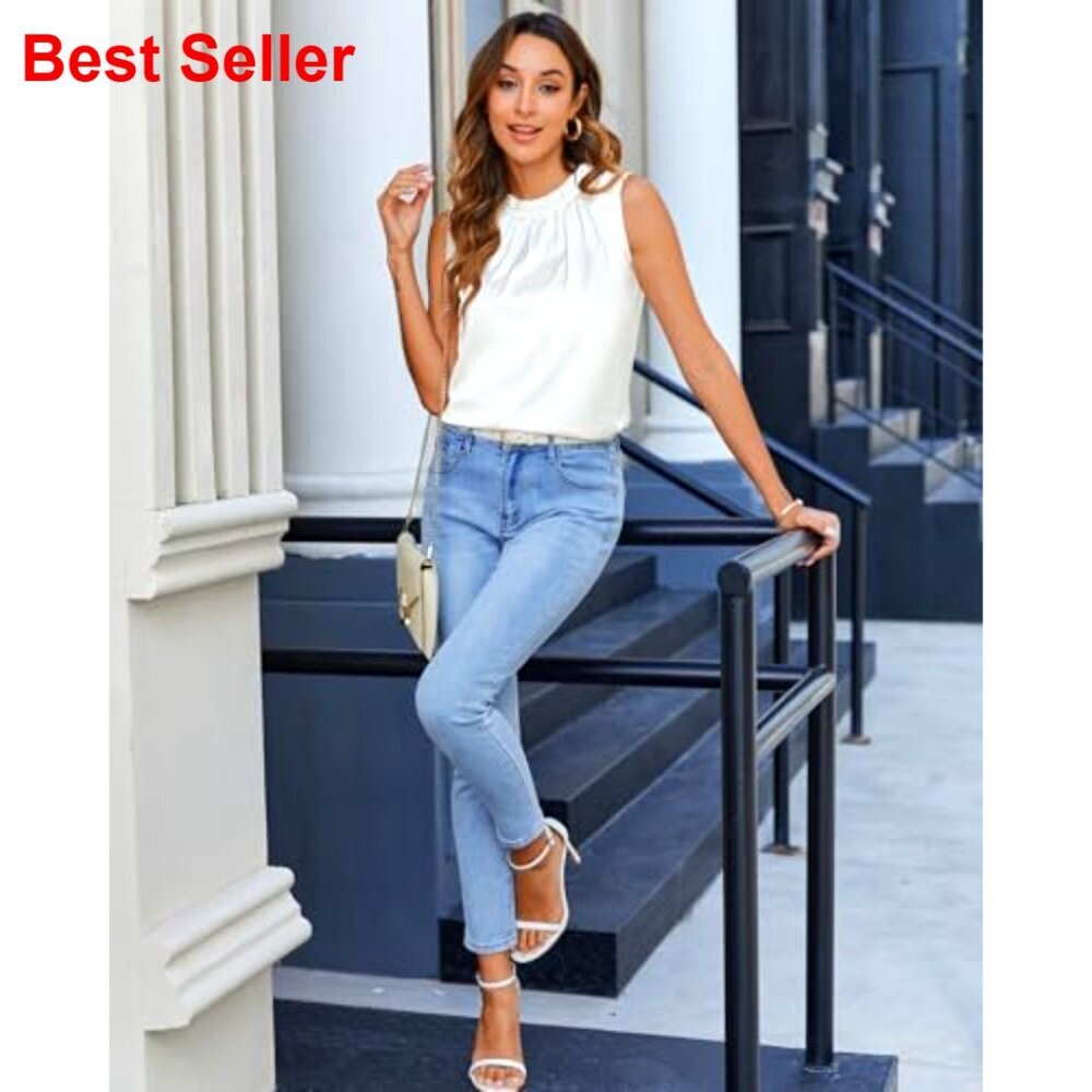 Silk Satin Tank Top Ruffle Neck Business Casual Sleeveless Blouse - Picture 6 of 7